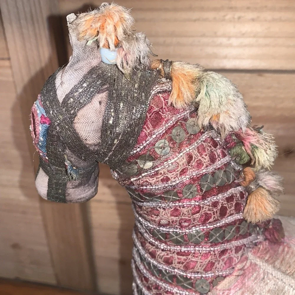 VTG India Folk Art Horse Hand Woven Fabric Mirrors Beads BOHO Rajasthan MCM 12